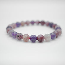 Load image into Gallery viewer, Strawberry Quartz&amp;Amethyst Bracelet with beautiful mixed quartz color. Everyone piece is unique. Best gift for your best friend/ BFF, birthday gift, valantine&#39;s day gift and daily wear. 天然草莓晶+紫水晶手鍊， 每一條都是獨一無二混合水晶配搭，能改善人際關係提升人緣，讓你思緒清晰等多重功效，最佳的節日禮物，閨蜜禮物，生日及情人節禮物。彈力線設計，可調節長度，適合天天配戴。
