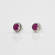 Load image into Gallery viewer, Elegant, beautiful 925 sterling silver natural ruby earrings with Hypoallergenic earrings post. Deep blue stone color with anti silver finishing with vintage feel, simple design for daily wearing, which is the best gift for birthday, new year, Valentine&#39;s Day and BFF. 925 純銀天然紅寶石耳環配抗敏感耳針，復刻設計，獨特高雅設計，適合出席重要場合，適合生日送禮，情人節，或母親節禮物。
