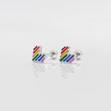 Load image into Gallery viewer, 925 sterling silver rainbow heart earrings with screw bead earring backs. Hypoallergenic earring post. For everyone, peace love, colorful earrings, daily wear, dazzling accessories. 925純銀彩虹愛心轉珠耳環，適合所有人，防敏感925純銀耳針(適合敏感肌膚）

