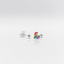 Load image into Gallery viewer, 925 sterling silver rainbow heart earrings with screw bead earring backs. Hypoallergenic earring post. For everyone, peace love, colorful earrings, daily wear, dazzling accessories. 925純銀彩虹愛心轉珠耳環，適合所有人，防敏感925純銀耳針(適合敏感肌膚）
